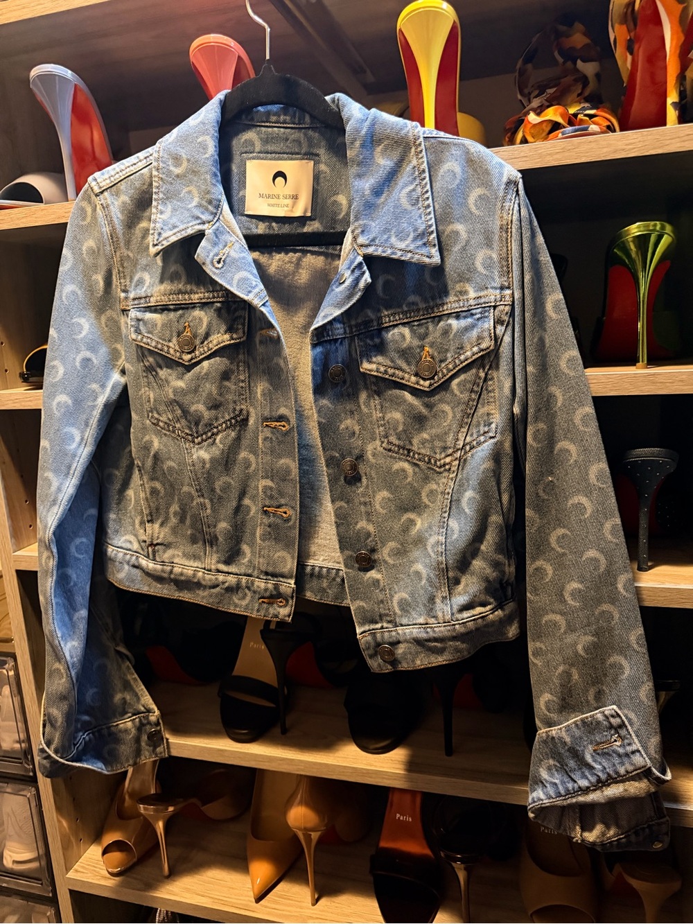 Marine serre Crescent Print Cropped Denim Jacket - Light Blue